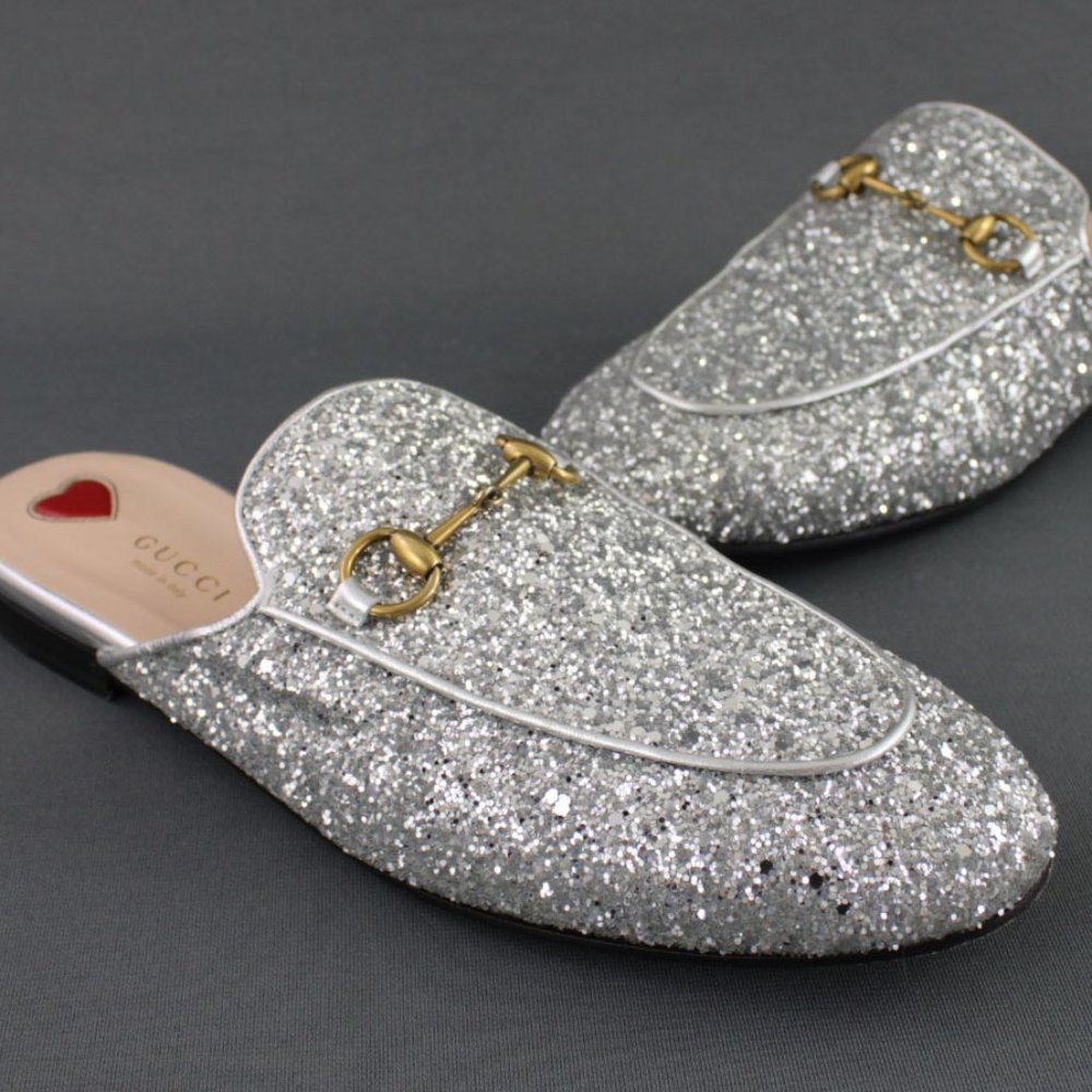 Gucci Glittering Silver Mules with Gold Detail